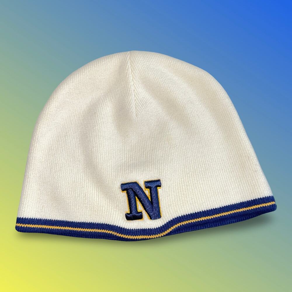 Vintage US Naval Academy Beanie Hat The Game Navy Midshipmen Cream Knit Y2K